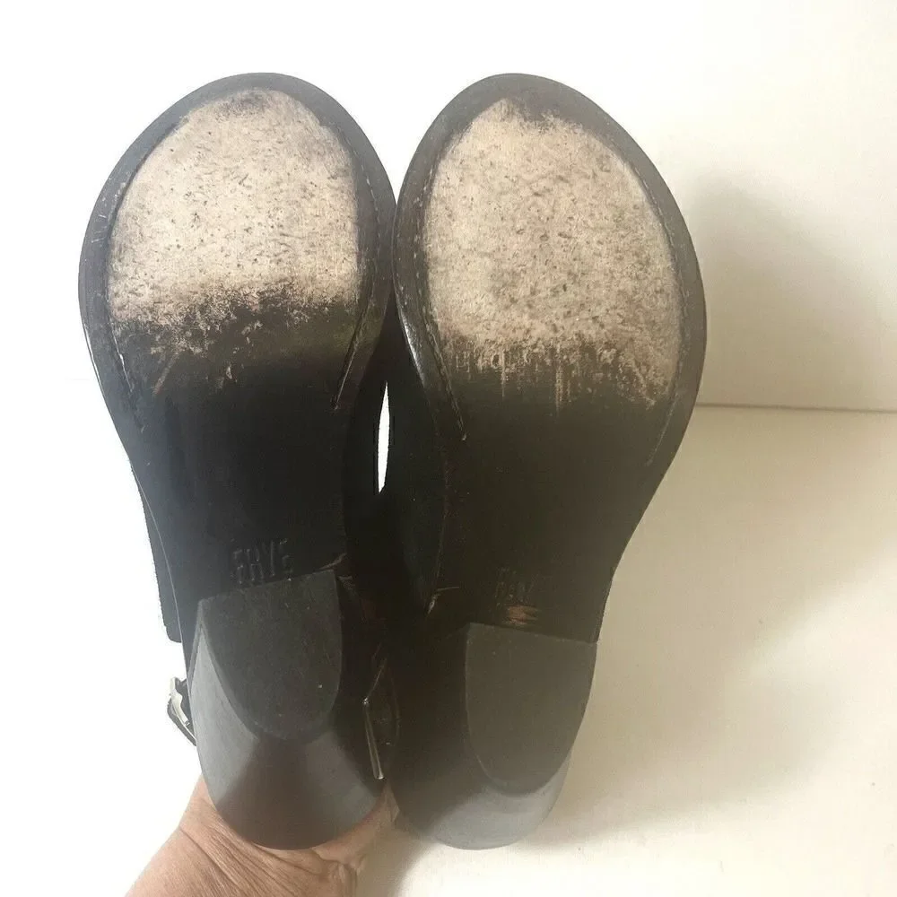 Frye Black Suede Ankle Bootie High Heels Wrap Women's Size 8.5 B Peep Toe Buckle
